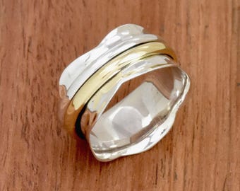 Bague Toupie Fidget En Argent Sterling 925 - Design Fait Main, Pierre Jaune, Neuve Sans Emballage