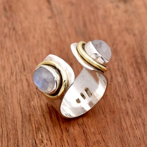 ツーストーンムーンストーンリング、925スターリングシルバー、調節可能なボヘミアンリング