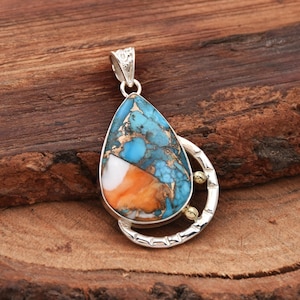 Oyster Copper Turquoise Pendant, 925 Sterling Silver Pendant, Teardrop Pendant, Anniversary Pendant, Celestial Jewelry Birthday Gift for Her