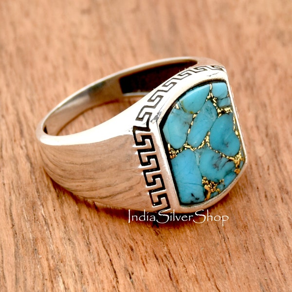 Bague pour homme bleu cuivre turquoise, bague faite main, bague en argent sterling 925, bague bohème, bague vague, bague d'anniversaire, cadeau pour lui