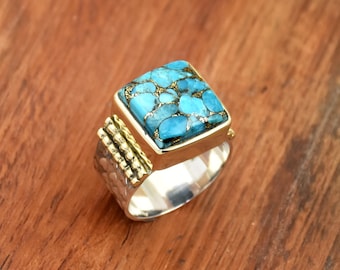 Blue Copper Turquoise Ring: Heart Stamp, Sterling Silver Boho Jewelry
