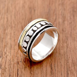 Flat Beaded Spinner Ring, 925 Sterling Silver Ring Two Tone Ring, Fidget Ring, Meditation Ring Anxiety Ring, Boho Spinner Ring, Gift For Her