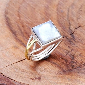 Mother of Pearl Ring: Square Sterling Silver Multi Band Statement Ring