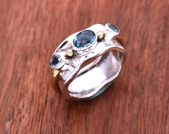 Natural Blue Topaz Ring, 925 Sterling Silver Handmade Ring, Triple Stone Ring, Hammered Ring, December Birthstone, Anniversary Gift For Her