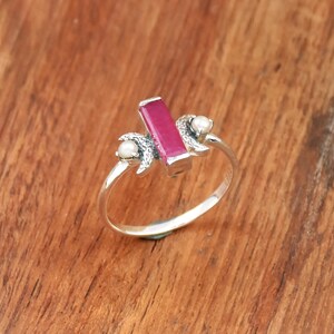 Ruby & Pearl Crescent Moon Ring: 925 Sterling Silver Minimalist Ring