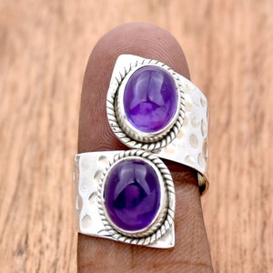 Amazing Amethyst Ring, 925 Sterling Silver Ring, Dual Gemstone Ring, Statement Ring, Adjustable Ring, Hammered Ring, Gift For her