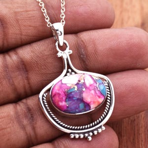 Pink Dahlia Turquoise Sterling Silver Necklace - Handmade Gemstone Pendant