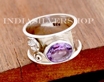 Natural Amethyst Ring, 925 Sterling Silver Ring, Statement Ring, Oval Gemstone Wide Band Ring, Hammered Ring, Flower Ring, Anniversary Ring