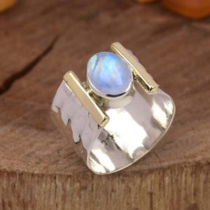Natural Moonstone Ring, 925 Sterling Silver Ring, Hammered Ring, Oval Gemstone Ring, Statement Ring Two Tone Ring Bohemian Ring Gift For Her