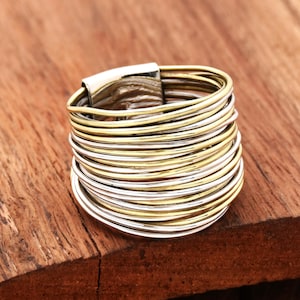Silver and Brass Wraparound Ring Sterling Silver Ring New Version Ring Statement Ring Two Tone Ring Silver wide wrap Ring Multi-Layer