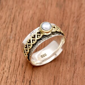 Pearl Spinner Ring, 925 Sterling Silver Ring, Round Gemstone Ring, Two Tone Ring, Promise Ring, Meditation Ring, Waves Ring, Gift For her