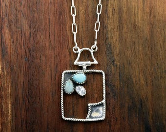 Natural Turquoise Necklace: 925 Sterling Silver Twisted Rope Border Frame, Cowgirl Jewelry gift