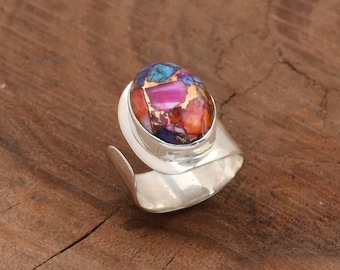 Pink Oyster Turquoise Sterling Silver Ring - Adjustable Boho Statement