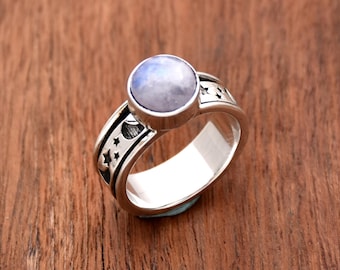 Moonstone Spinner Ring: Sterling Silver Stars, Boho Meditation Ring