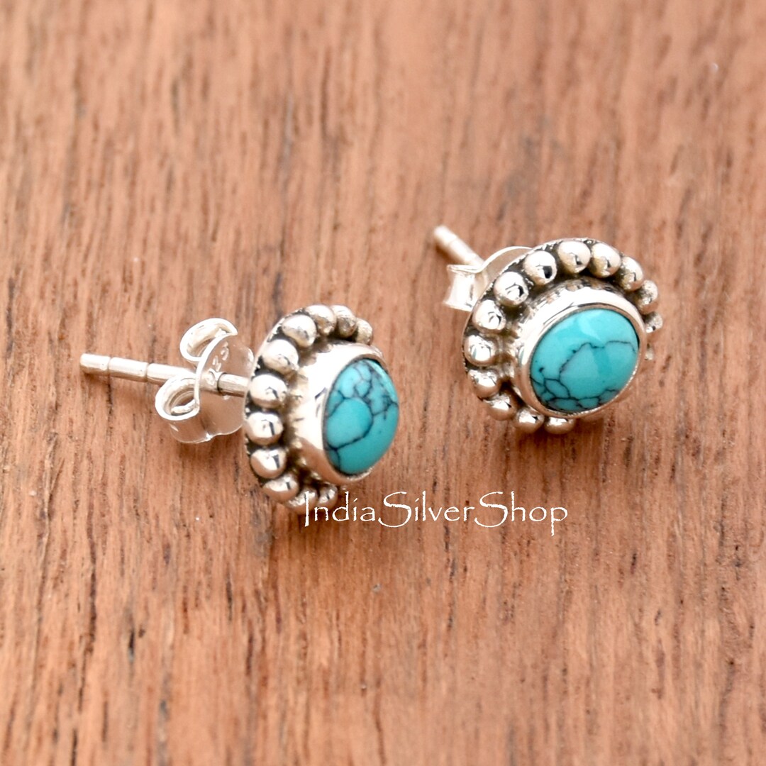 Turquoise Stud Earrings, Sterling Silver Earrings, Blue Turquoise 8x8mm Round Gemstone Studs