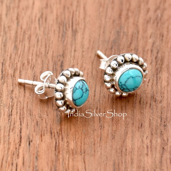 Turquoise Stud Earrings, Sterling Silver Earrings, Blue Turquoise 8x8mm Round Gemstone Studs, Turquoise Earrings, Studs, Gift For Her