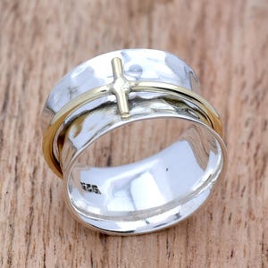 Anillo de cruz, anillo cristiano, anillo giratorio de plata de ley 925 para mujer, anillo de meditación de dos tonos, anillo antiestrés, anillo de Jesús, regalo para ella