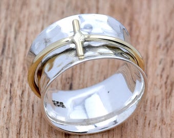 Sterling Silver Cross Spinner Ring: Two-Tone Christian Meditation Ring