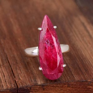 Indian Ruby Long Teardrop Ring: 925 Sterling Silver Statement Jewelry, Prongs Ring
