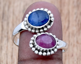 Rubin und Saphir Ring: Verstellbarer Boho-Ring aus Sterlingsilber
