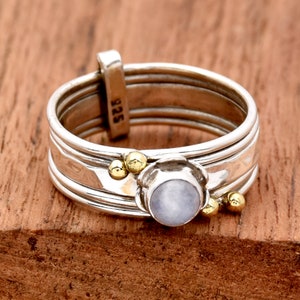 Moonstone 925 Sterling Silver Ring: Two-Tone Multi Band Statement Ring