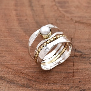 Natuurlijke parelring, handgemaakte ring, 925 sterlingzilveren ring, ronde zoetwaterparelring, zigzagring, boho-ring, cadeau voor haar