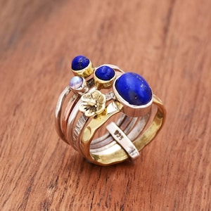 Lapis lazuli Ring, Flower Ring, Multi Band Ring, 925 Sterling Silver Ring, Two Tone Ring, Multi Stone Ring, Interlocked Ring, Gift for Her