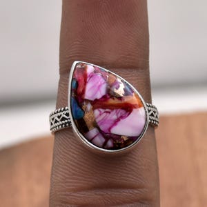 Pink Oyster Turquoise Ring 925 Sterling Silver Ring Gemstone Ring Oyster Turquoise Ring Pink Spiny Oyster Teardrop Ring Handmade Ring