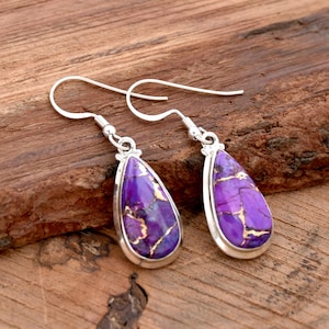 Purple Copper Turquoise Earrings, 925 Sterling Silver Earrings, Teardrop Earrings, Designer Handmade Earrings, Women Earrings Wedding Gift