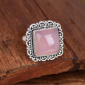 Rose Quartz Ring, 925 Sterling Silver Ring, Square Stone Ring Bohemian Ring Filigree Ring, Anniversary Ring, Pink Crystal Ring, Gift for Her