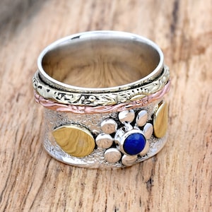 Lapis Lazuli Spinner Ring, 925 Sterling Silver Ring, Filigree Ring Extra Wide Ring Two Tone Ring, Textured Ring, Designer Ring, Gift for her