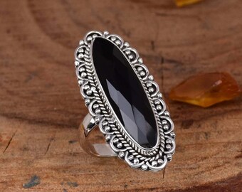 Black Onyx Filigree Ring: 925 Sterling Silver, Bohemian ring, Long Oval Gemstone