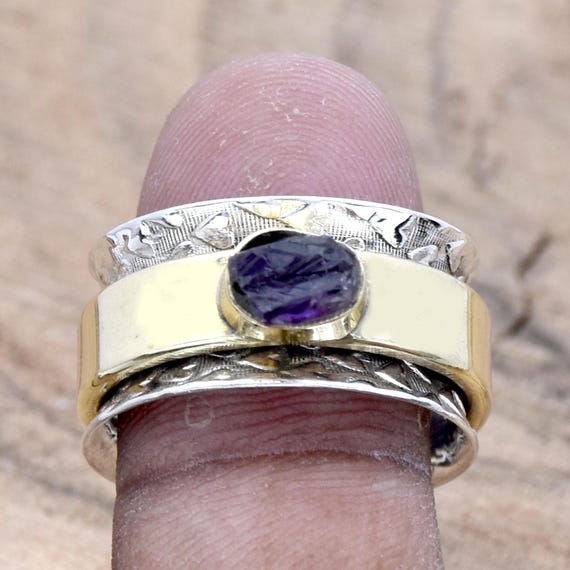 天然アメジストのスターリングシルバー製スピナーリング：ボヘミアン風