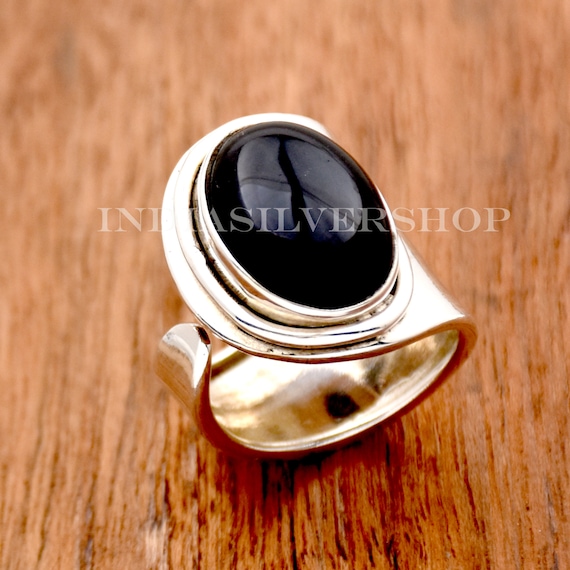 Adjustable Oval Black Onyx Ring: Handmade 925 Sterling