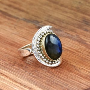 Labradorite Sterling Silver Ring: Hammered Beaded Adjustable Gemstone