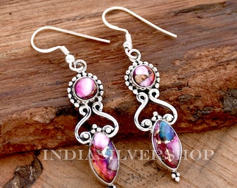 Pendientes de color turquesa de cobre de ostra rosa, pendientes de plata de ley 925, pendientes de piedras múltiples, pendientes hechos a mano regalo de pendiente de mujer para ella