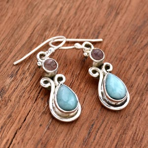 Larimar Earrings, 925 Sterling Silver Earrings, Drop Earrings, Filigree Earrings, Rose Quartz Earrings, Minimalist Earrings Wedding Jewelry