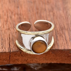 Natural Tiger Eye Ring, 925 Sterling Silver Ring, Handmade Ring, Adjustable Ring, Two Tone Ring, Boho Ring, Anniversary Ring Gift for Her