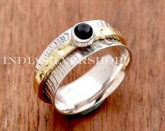 Schwarzer Onyx Spinner Ring, Sterling Silber Ring, handgemachter Ring, zweifarbiger Ring Blatt Strukturierter Ring Meditation Ring Jahrestag Ring Geschenk für sie