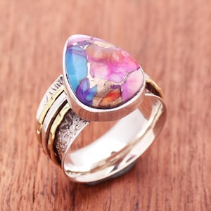 Pink Dahlia Turquoise Ring, Spinner Ring, 925 Sterling Silver Ring, Handmade ring, Turquoise Ring, Pink Spiny Oyster Ring, Gift for Her
