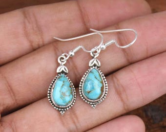 Pendientes de plata de ley con turquesa en forma de pera - Colgantes de piedras preciosas hechos a mano