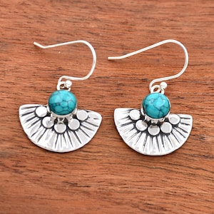 Blue Turquoise Earrings, 925 Sterling Silver Earrings, Drop Earrings, Statement Earrings, Half Disc Earrings, Textured Earrings Gift For her