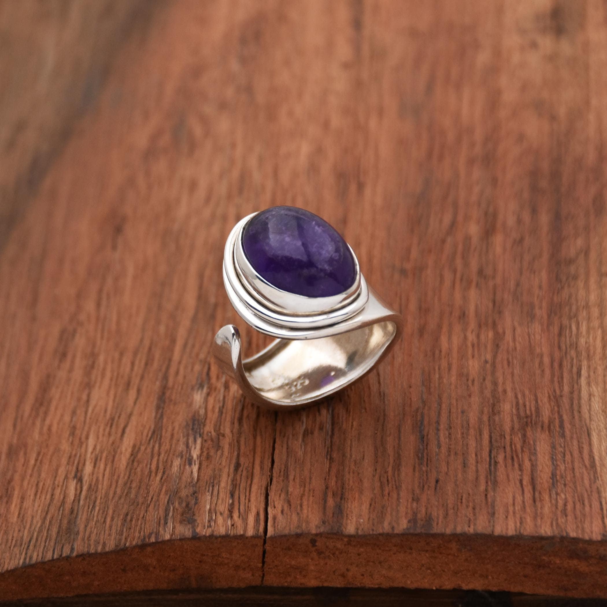 Amethyst Ring, 925 Sterling Silver Ring, Adjustable Ring, Silver Wrap Ring wide band Ring Spiral Ring February Birthstone Ring Gift For her