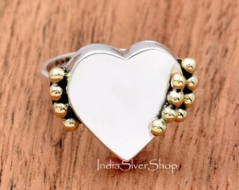 Heart Signet Ring Heart Ring Ring Heart Ring Minimal Heart Ring Beaded Ring, Two Tone Ring Dainty Stacking Ring Valentines Day Gifts for Her