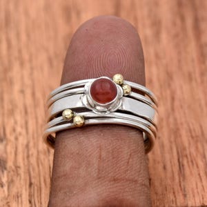 Natural Carnelian Ring, 925 Sterling Silver Ring, Gemstone Ring, Hammered Ring, Two Tone Ring, Multi Band Ring Handmade Jewelry Gift For Her