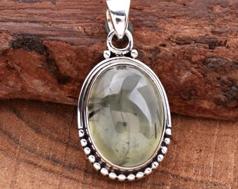 Prehnite Necklace: Oval Green Gemstone, 925 Sterling Silver