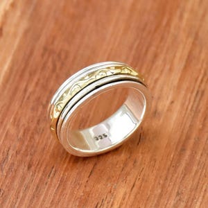925 Sterling Silver Spinner Ring, Narrow Band Ring, Two Tone Ring, Meditation Ring, Anxiety Ring, Textured Band Spinning Ring, Gift for Her