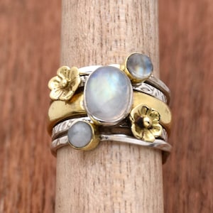 Moonstone Ring, Flower Ring, Multi Band Ring, 925 Sterling Silver Ring, Two Tone Ring, Multi Stone Ring, Interlocked Ring, Gift for Her