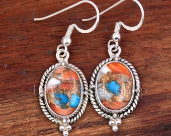 Pendientes hechos a mano de ostra cobre turquesa pendientes delicados 925 pendiente de plata de ley pendiente de piedra preciosa ovalada pendiente de aniversario regalo para ella