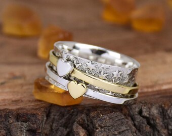 Sterling Silver Heart Spinner Ring: Two-Tone Meditation Fidget Ring